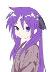  1girl black_ribbon expressionless from_side grey_sweater hair_ribbon hiiragi_kagami long_hair looking_afar lucky_star purple_hair ribbon simple_background solo sweater violet_eyes white_background yanikasu7o5 
