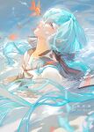 1girl absurdres animal artist_name basho black_bow black_bowtie black_sailor_collar blue_hair bottle_miku bow bowtie commentary fish goldfish hatsune_miku highres long_hair looking_at_animal parted_lips partially_submerged sailor_collar school_uniform shirt solo upper_body very_long_hair vocaloid water watermark white_shirt 