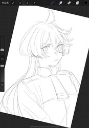  1girl art_program_in_frame asticassia_school_uniform blush commentary_request elan_ouo greyscale gundam gundam_suisei_no_majo highres jacket long_hair miorine_rembran monochrome necktie parted_lips school_uniform sketch solo sweatdrop upper_body 