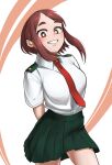  1girl absurdres arms_behind_back boku_no_hero_academia brown_eyes brown_hair green_skirt grin highres looking_at_viewer necktie piyo_(tzdn7222) pleated_skirt red_necktie school_uniform skirt smile solo teeth u.a._school_uniform uniform uraraka_ochako 