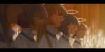  5girls absurdres blonde_hair blurry blurry_background blurry_foreground candle chinese_commentary choir closed_eyes depth_of_field expressionless from_side grey_hair halo high_collar highres indoors kimonogo letterboxed long_hair multiple_girls music open_mouth original portrait short_hair side-by-side singing yellow_eyes 