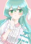  1girl arm_at_side assault_lily blue_shirt blush bow center_frills collared_shirt commentary crossed_bangs dated frilled_shirt frilled_sleeves frills fumi_(fumifumi3axl) green_eyes green_hair hair_between_eyes hair_bow half_updo hand_up happy_birthday highres jewelry long_hair long_sleeves looking_at_viewer multicolored_shirt no_pupils official_alternate_costume parted_lips pink_background pink_shirt ring shirt simple_background solo toki_kureha upper_body white_bow white_shirt wrist_cuffs 