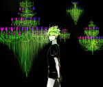  1other androgynous arms_behind_back chandelier cowboy_shot crystal_hair floating_hair from_side gem_uniform_(houseki_no_kuni) green_diamond_(houseki_no_kuni) green_hair green_nails green_theme hair_between_eyes highres houseki_no_kuni looking_at_viewer looking_to_the_side other_focus own_hands_together puffy_short_sleeves puffy_sleeves redhead short_hair short_sleeves smile solo sparkle tezo_(mokka_mk) 