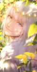  1boy blue_eyes blurry branch cloak closed_mouth commentary dappled_sunlight depth_of_field diamond_hairband fate/grand_order fate_(series) from_side fur-trimmed_cloak fur_trim highres lips looking_at_viewer male_focus oberon_(fate) portrait signature smile solo sunlight symbol-only_commentary white_cloak white_hair yuta_arata 