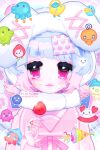  1girl animal_ears animal_hat blue_hair bow candy character_request commentary eyepatch fake_animal_ears food food_print gradient_hair hashitamatchi hat highres holding holding_candy holding_food holding_lollipop ichigotchi jewelry kuchipatchi lollipop long_sleeves looking_at_viewer mametchi memetchi multicolored_hair original pastel_colors pink_hair pink_nails pink_serafuku rabbit_ears ribbon ring rinihimme sailor_collar school_uniform serafuku solo sparkle sticker_on_face strawberry_print symbol-only_commentary tamagotchi ufotchi unworn_eyepatch upper_body white_hat yakantchi yume_kawaii 