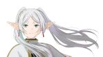  1girl blue_eyes capelet closed_mouth earrings elf floating_hair frieren highres jewelry long_hair looking_at_viewer nagasawa_reiko_(animator) pointy_ears simple_background smile solo sousou_no_frieren thick_eyebrows twintails upper_body white_background white_capelet white_hair 