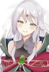  1girl blush circlet commentary_request fire_emblem fire_emblem:_radiant_dawn fire_emblem_heroes gem green_gemstone high_collar highres long_hair looking_at_viewer micaiah_(dawning_maiden)_(fire_emblem) micaiah_(fire_emblem) n_54 official_alternate_costume simple_background smile solo teeth upper_body white_background white_hair yellow_eyes 