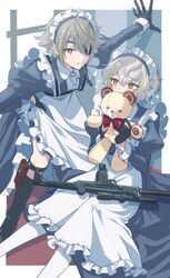 18trip 2boys 36ss_tr apron assault_rifle black_gloves black_leggings blush border brothers chest_strap closed_mouth crossdressing dress eyepatch frilled_dress frills gloves grey_hair gun hair_between_eyes highres holding holding_stuffed_toy holster imi_uzi kalashnikov_rifle leggings looking_at_another maid maid_apron maid_headdress male_focus multicolored_hair multiple_boys one_eye_covered outstretched_arms rifle shiramitsu_ryui shiramitsu_toi siblings sitting sparkle streaked_hair stuffed_animal stuffed_toy teddy_bear twins weapon white_border white_hair white_leggings white_wrist_cuffs wrist_cuffs yellow_eyes
