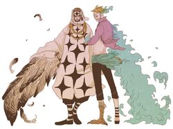  2boys blonde_hair blue_sash commentary_request dress feathers full_body head_scarf jewelry long_dress male_focus marco_(one_piece) multiple_boys necklace one_piece pearl_necklace pell profile purple_shirt sash shirt short_hair simple_background suporon white_background wings 