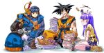  2girls 3boys baseball_cap black_eyes black_hair blue_hair blue_tunic bowl bowl_stack character_request chicken_(food) chicken_leg chopsticks creator_and_creation crossover dougi dr._slump dragon_ball dragon_ball_z dragon_quest dragon_quest_ii eating erdrick&#039;s_shield food gas_mask glasses goggles goggles_on_head goggles_on_headwear hat highres long_hair looking_at_another mask mini_person minigirl multiple_boys multiple_girls noodles norimaki_arale open_mouth plate plate_stack pocky prince_of_lorasia purple_hair relaxing sand_land sauce senomoto_hisashi sitting smile son_goku spiky_hair spoon sword toriyama_akira_(character) trait_connection violet_eyes weapon white_background wristband 
