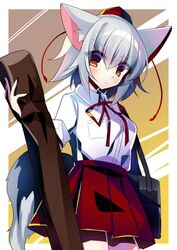  1girl animal_ears bag breasts closed_mouth highres inubashiri_momiji kujou_mikuru red_eyes red_ribbon ribbon school_bag school_uniform shirt short_hair skirt solo tail touhou white_hair 