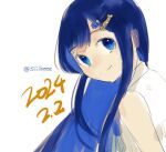  1girl blue_eyes blue_hair cevio closed_mouth collared_dress colored_inner_hair dated dress futaba_minato hair_ornament hairclip long_hair looking_at_viewer multicolored_hair shiibe_(siiibeee) sidelocks simple_background sketch sleeveless sleeveless_dress smile solo twitter_username white_background white_dress 