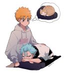  2boys arm_at_side black_pants bleach blue_hair blush_stickers brown_cat brown_eyes casual cat clenched_hand closed_eyes closed_mouth commentary_request facial_mark full_body grey_hoodie grimmjow_jaegerjaquez hair_between_eyes highres hood hood_down hoodie kurosaki_ichigo lap_pillow long_sleeves looking_at_another looking_down multiple_boys orange_hair pants petting puffy_long_sleeves puffy_sleeves seiza shirt short_hair simple_background sitting sleeves_past_wrists sleeves_rolled_up spiky_hair thought_bubble twitter_username v-shaped_eyebrows white_background white_shirt yanono_015 