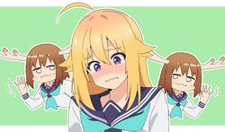  2girls :3 afterimage ahoge antlers aqua_neckerchief blonde_hair blue_sailor_collar blush blush_stickers brown_hair commentary green_background hair_between_eyes hair_flaps horns jaggy_lines koshi_torako multiple_girls neckerchief nose_blush noyama_takenoko o_o outline sailor_collar school_uniform serafuku shikanoko_noko shikanoko_nokonoko_koshitantan short_hair simple_background smile tearing_up upper_body violet_eyes waving wavy_mouth white_outline 