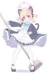  1girl animal_ear_headphones animal_ears apron black_footwear blonde_hair blue_archive broom cat_ear_headphones cat_tail closed_mouth fake_animal_ears fake_tail full_body halo headphones highres holding holding_broom looking_at_viewer maid maid_headdress momoi_(blue_archive) momoi_(maid)_(blue_archive) official_alternate_costume pantyhose pink_eyes pink_halo ruten_(onakasukusuku) shoes short_hair smile solo standing tail white_apron white_pantyhose 
