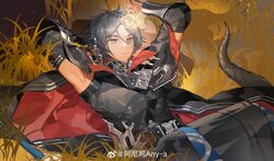  1boy absurdres aniao_ya arknights arm_behind_head armor arms_up black_cape black_shirt black_tail blue_eyes cape chinese_clothes chinese_commentary closed_mouth commentary_request grey_hair hair_between_eyes highres holding light_particles lying male_focus on_back plant pointy_ears red_cape shirt short_hair sleeveless sleeveless_shirt solo tail two-sided_cape two-sided_fabric vambraces watermark weibo_logo weibo_watermark zuo_le_(arknights) 