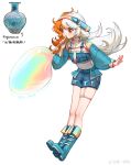  1girl absurdres artist_name blowing_bubbles blue_footwear blue_shorts boots bubble_pipe chinese_commentary commentary copyright_notice crop_top english_text full_body hairband hand_up highres knee_boots long_hair long_sleeves looking_at_object looking_down multicolored_hair orange_eyes orange_hair original personification photo_inset pink_hairband puffy_long_sleeves puffy_sleeves reference_inset shorts shrug_(clothing) simple_background solo thigh_strap translation_request two-tone_hair vase weibo_watermark white_background white_hair zhu_yiguo_tian 