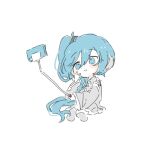  1girl alternate_hairstyle blue_eyes blue_hair cellphone chibi chibi_only closed_mouth cs_voca hair_between_eyes hair_ornament hand_up hatsune_miku long_hair long_sleeves lowres phone selfie selfie_stick side_ponytail simple_background sitting smartphone smile solo taking_picture vocaloid white_background wide_sleeves 