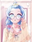  1girl :o alternate_hairstyle bang_dream! blue_hair blush flower glasses hair_ribbon highres light_blue_hair looking_at_mirror looking_at_self matsubara_kanon mirror pajamas pink_ribbon ribbon round_eyewear shirt solo sukenine twintails violet_eyes yellow_ribbon yellow_shirt 