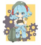  1girl blue_eyes blue_hair blue_pants blush boots brown_footwear chibi closed_mouth crop_top full_body gears gloves green_hat hair_bobbles hair_ornament hat kawashiro_nitori key looking_at_viewer navel pants short_hair short_twintails smile solo touhou twintails white_gloves yaco_(nuitnotte) 