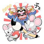  1boy angry blank_eyes blue_shirt calligraphy_brush cleft_chin clenched_hands facial_hair fingerless_gloves food fruit gloves goggles goggles_on_headwear helmet hoshi_(star-name2000) motorcycle_helmet mouse_(animal) mustache open_mouth paintbrush pointy_ears shirt strawberry wario warioware yellow_gloves 