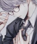  1boy adjusting_clothes adjusting_necktie black-framed_eyewear blue_eyes blurry blurry_foreground closed_mouth collared_shirt commentary_request dress_shirt fingernails glasses grey_hair grey_jacket grey_necktie highres jacket koshika_rina lapels long_sleeves looking_at_viewer looking_to_the_side male_focus muted_color necktie notched_lapels original round_eyewear shirt short_hair solo suit suit_jacket upper_body white_background white_shirt 