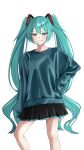  1girl absurdres aikuroalter aqua_eyes aqua_hair black_skirt blue_eyes blue_sweater blush hair_ornament hand_on_own_hip hashtag-only_commentary hatsune_miku highres long_hair long_sleeves looking_at_viewer open_mouth pleated_skirt simple_background skirt smile smirk solo standing straight-on sweater teeth twintails very_long_hair vocaloid white_background 