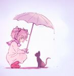  1girl :o artist_name black_cat blue_background boots cat commentary english_commentary fringe_trim full_body grey_umbrella hair_ribbon highres holding holding_umbrella kaname_madoka kitten long_sleeves looking_at_animal mahou_shoujo_madoka_magica mahou_shoujo_madoka_magica_(anime) mantenz parted_lips pink_eyes pink_hair pink_raincoat purple_scarf rain raincoat red_footwear red_ribbon ribbon rubber_boots scarf shadow short_hair short_twintails solo squatting striped_clothes striped_scarf twintails umbrella water_drop 