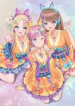  3girls :d ;) absurdres animal_ear_headphones animal_ears anyoji_hime blonde_hair blue_bow blue_eyes blue_hair blue_headphones bow brown_hair cat_ear_headphones closed_mouth commentary dress dress_bow fake_animal_ears fujishima_megumi gradient_hair hair_bow headphones highres identity_(love_live!) index_finger_raised japanese_clothes kimono kimono_dress kneeling kobassy light_blue_hair link!_like!_love_live! long_hair long_sleeves looking_at_viewer love_live! mira-cra_park! multicolored_hair multiple_girls one_eye_closed open_mouth orange_bow orange_dress orange_kimono osawa_rurino parted_bangs pink_bow pink_headphones purple_bow sleeves_past_elbows smile split_mouth thumbs_up twintails two_side_up v violet_eyes virtual_youtuber wide_sleeves yellow_headphones 