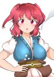  1girl absurdres blush breasts coin hair_bobbles hair_ornament hand_on_own_hip hashiro_fumi highres large_breasts looking_at_viewer obi onozuka_komachi open_mouth red_eyes redhead sash simple_background solo touhou two_side_up upper_body white_background 