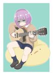  1girl :3 acoustic_guitar akichi_360 annoyed bean_bag_chair black_skirt black_socks blush border brown_cardigan brown_footwear cardigan full_body glaring green_background green_eyes guitar highres holding holding_guitar holding_instrument instrument loafers long_sleeves looking_to_the_side miniskirt mochi_hiyoko mochipro outline pleated_skirt purple_hair shaded_face shoes short_hair simple_background sitting skirt socks solo trembling v-shaped_eyebrows virtual_youtuber white_border white_outline 