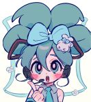 :o absurdres aqua_eyes aqua_hair aqua_necktie aqua_ribbon black_headphones blue_bow blush bow bright_pupils cinnamoroll detached_sleeves dot_nose double-parted_bangs facing_viewer flower hair_between_eyes hair_bow hand_up hatsune_miku headphones headset highres kerberos_(kerbe_) long_hair looking_up microphone necktie open_mouth pointing portrait raised_eyebrows ribbon sanrio shirt simple_background sleeveless sleeveless_shirt straight-on teeth twintails upper_teeth_only vocaloid white_background wing_collar