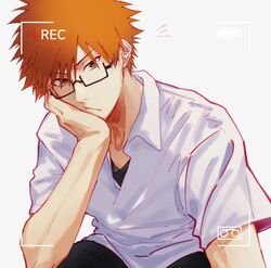  1boy absurdres bespectacled black-framed_eyewear black_eyes bleach casual chinese_commentary collared_shirt commentary frown glasses hand_on_own_cheek hand_on_own_face head_rest highres ihsekodwww kurosaki_ichigo looking_at_viewer male_focus notice_lines orange_hair recording semi-rimless_eyewear shirt short_hair short_sleeves simple_background solo spiky_hair tsurime upper_body v-shaped_eyebrows viewfinder white_background white_shirt 