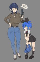  2girls bag black_hair black_skirt blue_hair blue_pants bow_hairband breasts brown_sweater cellphone denim dif&#039;s_mother_(difman) dif_(difman) difman flat_color flip_phone full_body hairband high-waist_pants high_heels highres holding holding_phone jeans large_breasts mature_female medium_hair mole mole_under_eye mole_under_mouth mother_and_daughter multicolored_hair multiple_girls multiple_moles oekaki original pants phone pumps ribbed_sweater school_bag school_uniform short_hair skirt streaked_hair sweater thought_bubble turtleneck turtleneck_sweater yellow_eyes 