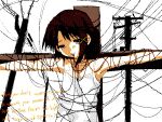  1girl asymmetrical_hair black_eyes brown_hair cable cross crucifixion dress expressionless flat_chest hair_ornament iwakura_lain power_lines serial_experiments_lain shinsekai_(z_o10) short_hair single_sidelock solo upper_body utility_pole white_dress x_hair_ornament 