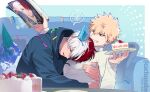  bakugou_katsuki blonde_hair blue_background blue_flower blue_hoodie boku_no_hero_academia border bouquet brown_eyes cactusnabe cake character_name confetti couch flower food fruit grin hair_between_eyes highres holding holding_magazine hood hood_down hoodie hug leaf long_sleeves lying magazine_(object) motion_lines multicolored_hair musical_note on_couch open_mouth redhead short_hair smile speech_bubble starry_background strawberry strawberry_shortcake sweater teeth todoroki_shouto twitter_username two-tone_hair upper_body white_border white_hair white_sweater 