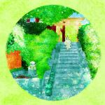 animal bush cat green_theme highres nature no_humans original outdoors oyuge_design round_image scenery solo stairs stone_stairs summer torii tree walking 