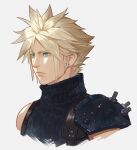  1boy armor blonde_hair blue_eyes closed_mouth cloud_strife cropped_torso earrings final_fantasy final_fantasy_vii final_fantasy_vii_rebirth final_fantasy_vii_remake grey_background hashtag-only_commentary highres jewelry lips male_focus portrait ribbed_sweater rinbukyoku short_hair shoulder_armor simple_background single_bare_shoulder sleeveless sleeveless_turtleneck solo spiky_hair stud_earrings suspenders sweater turtleneck turtleneck_sweater upper_body 