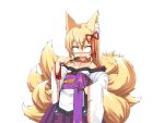  1girl animal_ear_fluff animal_ears bare_shoulders blank_eyes blonde_hair bmp-to-png_conversion chest_tattoo cowboy_shot eyeshadow fang folding_fan fox_ears fox_girl fox_tail game_cg gloom_(expression) hair_between_eyes hakama hakama_skirt hand_fan hand_on_own_hip holding holding_fan injury japanese_clothes jingai_modoki kimono kitsune lolibaba long_hair looking_at_viewer makeup mon-musu_quest! monster_girl multiple_tails neck_tattoo nervous_sweating non-web_source obi purple_hakama purple_sash red_eyeshadow sash simple_background skirt solo sweat tail tamamo_(mon-musu_quest!) tattoo teeth transparent_background upper_teeth_only white_kimono wide_sleeves 