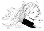  1boy commentary_request facing_viewer greyscale highres long_hair looking_at_viewer male_focus monochrome open_mouth original plant_hair ponytail portrait seaweed simple_background smile solo white_background zzb_azz 