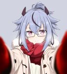  1other alternate_costume alternate_hairstyle bespectacled black-framed_eyewear black_hair black_horns blue_background blue_hair blush brown_coat buttons closed_mouth coat duffel_coat fur-trimmed_coat fur_trim glasses hair_flaps horns jacket looking_at_viewer medium_hair meika_mikoto meme mittens multicolored_hair open_clothes open_coat pink_eyes ponytail pov pov_cheek_warming_(meme) red_mittens red_scarf scarf semi-rimless_eyewear sena_kizahashi shirt sidelocks small_horns smile streaked_hair upper_body vocaloid white_shirt 