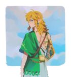  1boy aqua_eyes asymmetrical_clothes belt_pouch blonde_hair cowboy_shot dress earrings english_commentary green_vest highres jewelry link looking_back male_focus medium_hair oratoza pointy_ears pouch sidelocks single_bare_shoulder solo the_legend_of_zelda the_legend_of_zelda:_tears_of_the_kingdom vest 