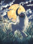  7_phi_3 absol all_fours body_fur clouds full_moon glowing glowing_eyes grass highres looking_at_viewer moon nature night outdoors pokemon pokemon_(creature) red_eyes solo star_(symbol) white_fur 