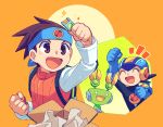  2boys blue_bodysuit blue_hairband blue_helmet bodysuit brown_eyes brown_hair clenched_hands closed_eyes emblem hairband happy holding ishikoro1645 lan_hikari_(mega_man) mega_man_(series) mega_man_battle_network_(series) megaman.exe mr._prog_(mega_man) multiple_boys orange_background orange_vest shirt short_hair sparkle upper_body vest white_shirt 