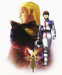  1980s_(style) 1990s_(style) 1girl 2boys amuro_ray battle beam_saber bindi bit_(gundam) black_hair blonde_hair blue_eyes boots brown_hair char's_counterattack char_aznable crossed_swords curly_hair dark_skin dress duel earth_federation_space_forces energy floating ghost gloves glowing gundam helmet highres kitazume_hiroyuki lalah_sune looking_back mecha military military_uniform mobile_suit mullet multiple_boys nu_gundam official_art outstretched_arms pilot_suit promotional_art retro_artstyle robot sazabi scan science_fiction short_hair spacesuit spirit spoilers sword traditional_media tunic uniform unworn_headwear unworn_helmet walking_towards_viewer weapon when_you_see_it 