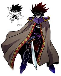  1boy armor black_hair black_pants black_skirt blue_footwear brown_cloak brown_tunic character_name cloak commentary_request creature_and_personification dark_matter_blade eye_mask full_body greaves grey_mask holding holding_sword holding_weapon kirby_(series) long_sleeves male_focus mato_(mozu_hayanie) one-eyed pale_skin pants pauldrons sabaton short_hair shoulder_armor simple_background skirt sleeves_past_wrists spiky_hair sword translation_request triangle_print tunic weapon white_background wide_sleeves 