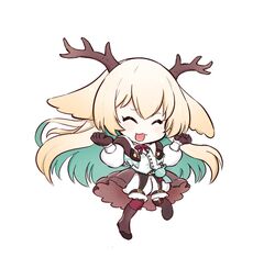  1girl :d adachi_takafumi animal_ears antlers blonde_hair blue_hair blush boots brown_footwear brown_gloves brown_skirt chibi closed_eyes colored_inner_hair commentary_request deer_ears full_body gloves horns long_hair medium_bangs multicolored_hair nanashi_inc. open_mouth puffy_short_sleeves puffy_sleeves shirt short_sleeves shorts showgirl_skirt simple_background skirt smile solo tsukinoki_tirol vest virtual_youtuber white_background white_shirt white_shorts white_vest 