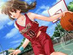  1girl :d armband ball basketball basketball_(object) basketball_court basketball_hoop basketball_jersey breasts brown_hair enishi_sanae game_cg green_armband large_breasts medium_hair mitsumi_misato open_mouth outdoors pia_carrot_(series) pia_carrot_e_youkoso!!_2 smile solo 