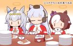  3girls :t animal_ears blush_stickers bow brown_hair brown_hat chibi chikuwa closed_eyes closed_mouth cup ear_bow ear_covers eating food gold_ship_(umamusume) gomashio_(goma_feet) grey_hair hair_between_eyes hat holding holding_cup holding_food horse_ears jacket long_sleeves mini_hat multicolored_hair multiple_girls oguri_cap_(umamusume) plate purple_bow red_jacket sleeves_past_wrists special_week_(umamusume) track_jacket two-tone_hair umamusume upper_body white_hair |_| 