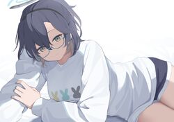  aqua-framed_eyewear blue_archive chihiro_(blue_archive) glasses halo headband highres hotarihotaru looking_at_viewer lying on_side short_hair shorts sweater thighs 